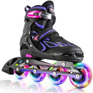 image2PM SPORTS Vinal Girls Adjustable Flashing Inline Skates All Wheels Light Up Fun Illuminating Skates for Kids Men Adult Women and BoysViolet  Magenta