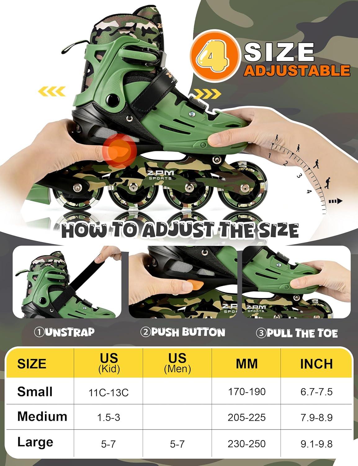 image2PM SPORTS Inline Skates for Kids Boys Ages 58 812 46 612 with Light Up Wheels Adjustable Kids Roller Skates Blades for Beginner Youth Indoor Outdoor Size 11C 1 2 3 4 5 6 7Green