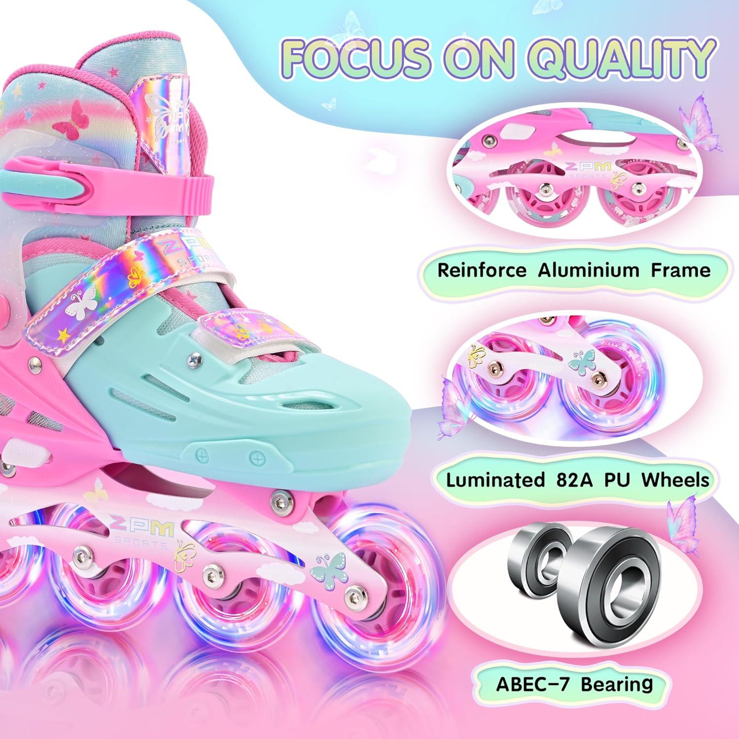 image2PM SPORTS Inline Skates for Kids Girls Ages 58 812 35 46 612 1014 with Light Up Wheels Adjustable Kids Roller Skates Blades for Toddler Beginner Youth Indoor Outdoor Size 11C 1 2 3 4 5 6 7 8Pink Green