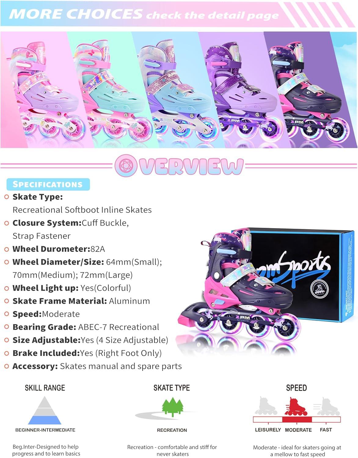 image2PM SPORTS Inline Skates for Kids Girls Ages 58 812 35 46 612 1014 with Light Up Wheels Adjustable Kids Roller Skates Blades for Toddler Beginner Youth Indoor Outdoor Size 11C 1 2 3 4 5 6 7 8Purple Pink