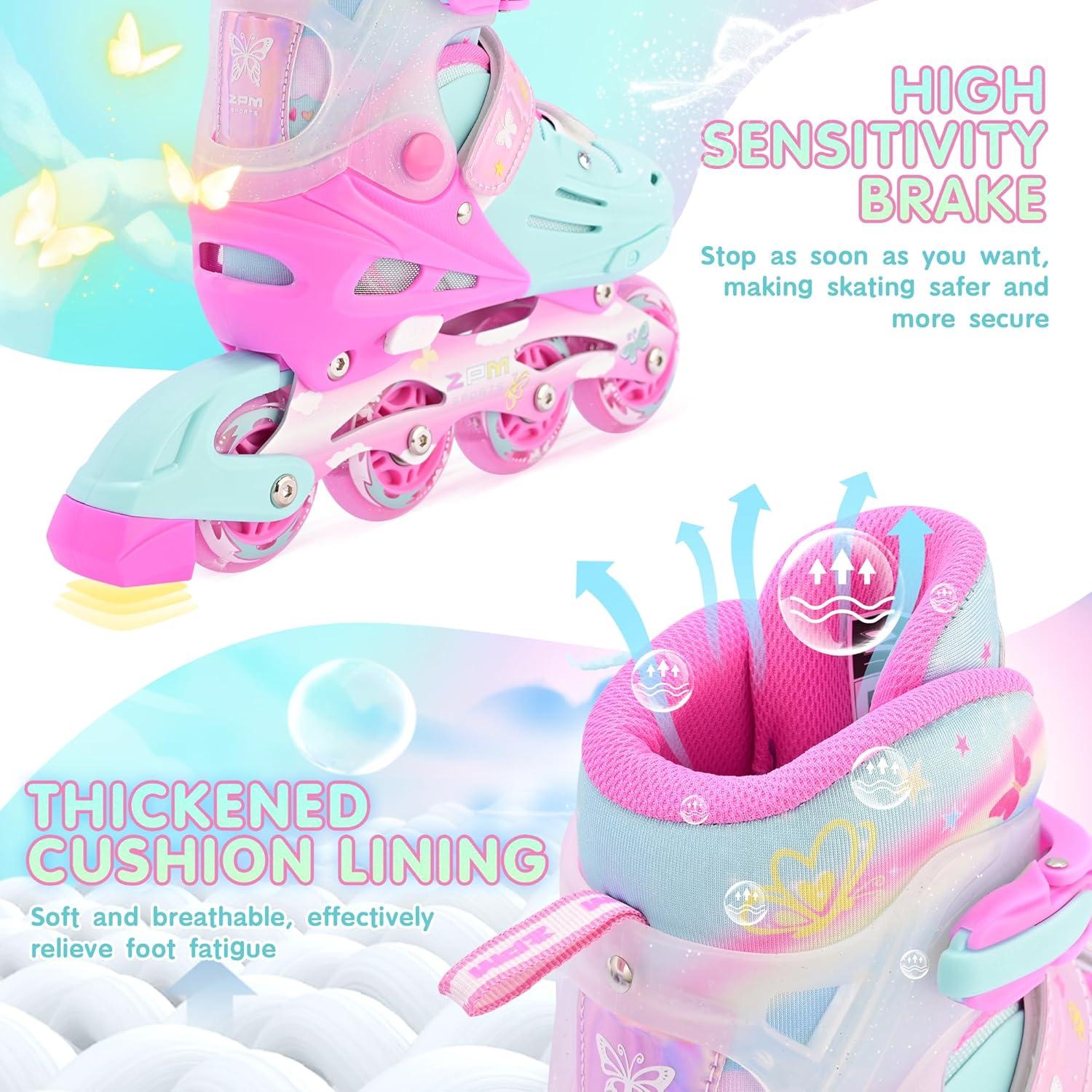 image2PM SPORTS Inline Skates for Kids Girls Ages 58 812 35 46 612 1014 with Light Up Wheels Adjustable Kids Roller Skates Blades for Toddler Beginner Youth Indoor Outdoor Size 11C 1 2 3 4 5 6 7 8Pink Green