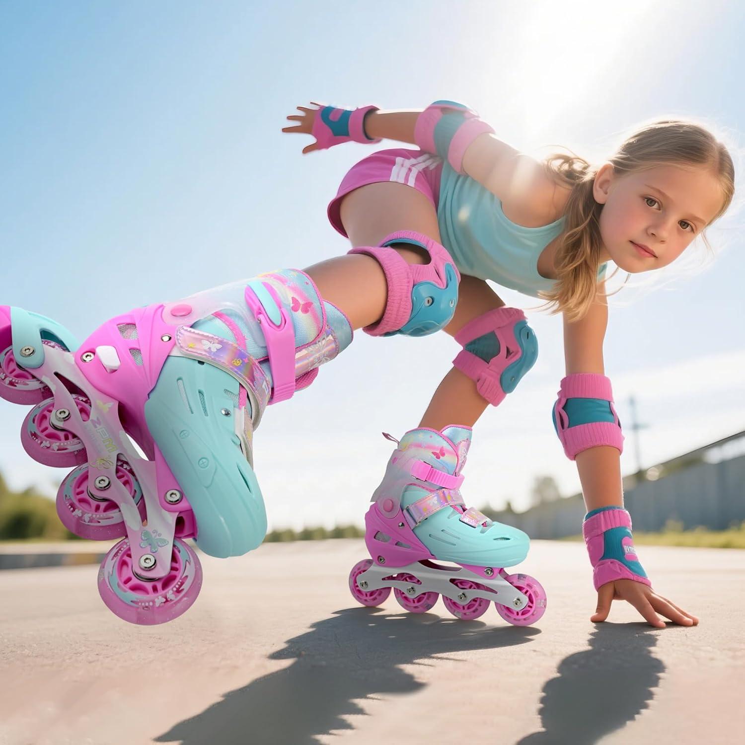 image2PM SPORTS Inline Skates for Kids Girls Ages 58 812 35 46 612 1014 with Light Up Wheels Adjustable Kids Roller Skates Blades for Toddler Beginner Youth Indoor Outdoor Size 11C 1 2 3 4 5 6 7 8Pink Green