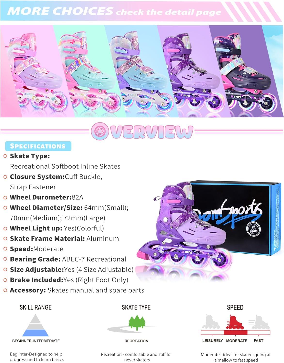 image2PM SPORTS Inline Skates for Kids Girls Ages 58 812 35 46 612 1014 with Light Up Wheels Adjustable Kids Roller Skates Blades for Toddler Beginner Youth Indoor Outdoor Size 11C 1 2 3 4 5 6 7 8Purple