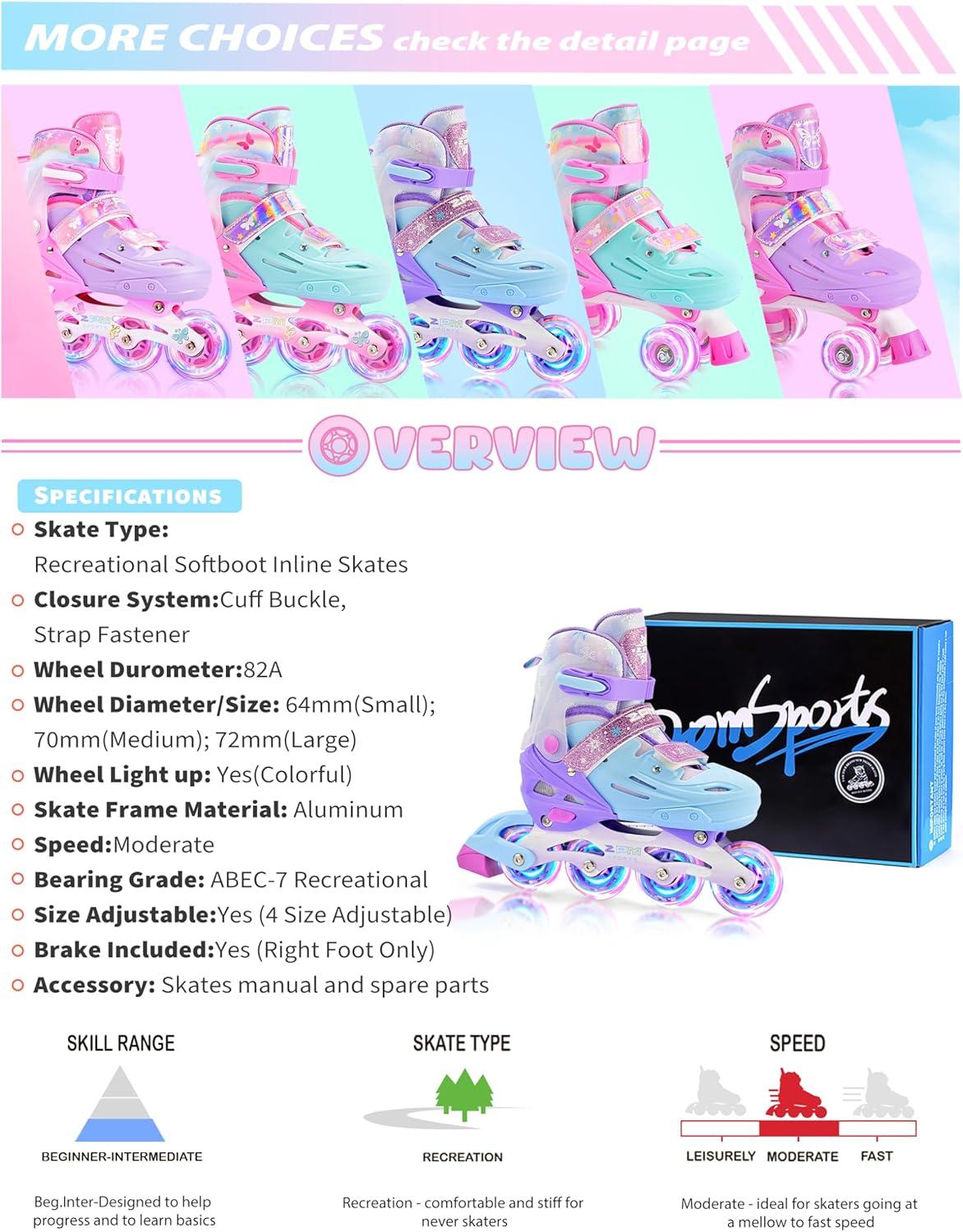 image2PM SPORTS Inline Skates for Kids Girls Ages 58 812 35 46 612 1014 with Light Up Wheels Adjustable Kids Roller Skates Blades for Toddler Beginner Youth Indoor Outdoor Size 11C 1 2 3 4 5 6 7 8Purple Blue