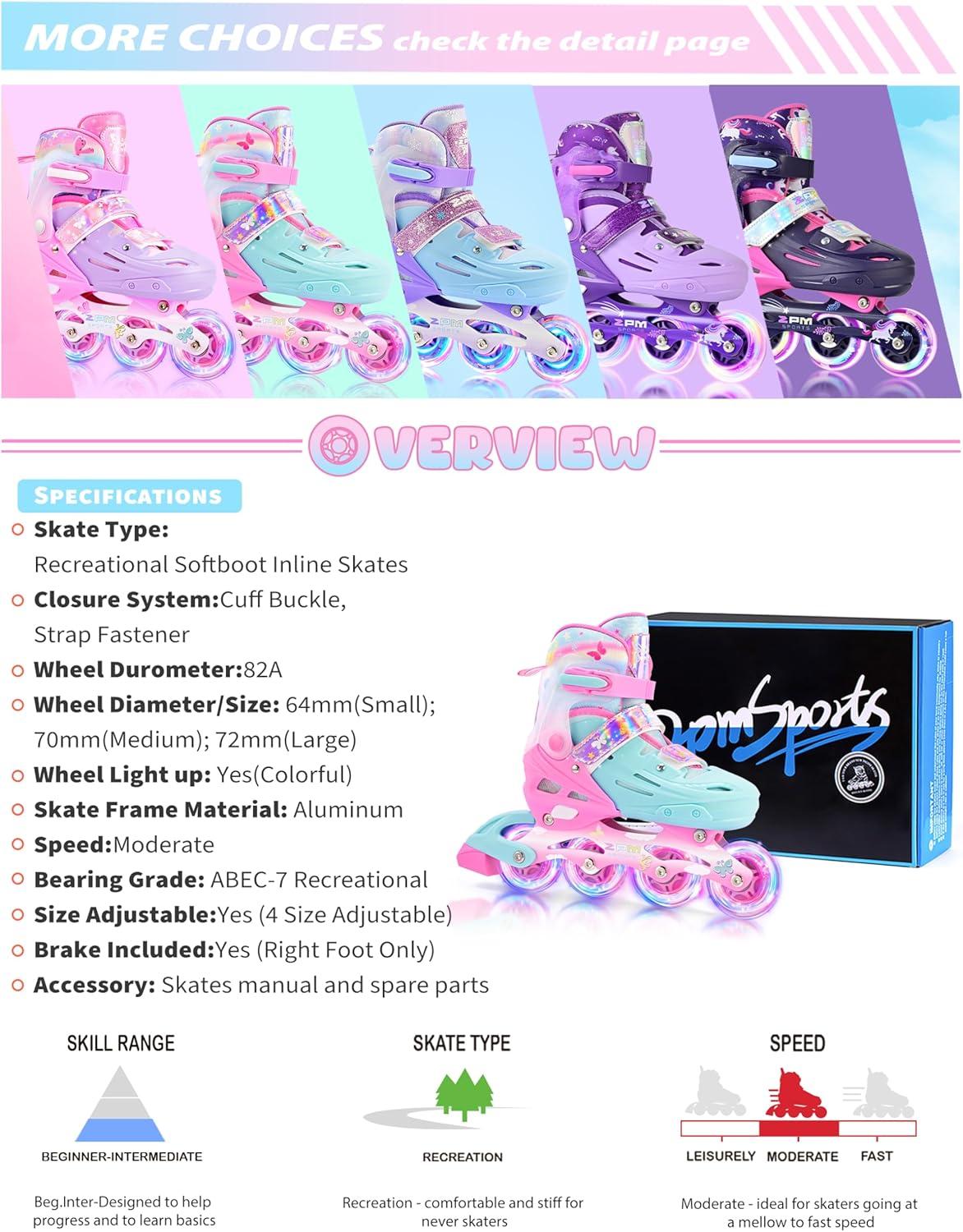 image2PM SPORTS Inline Skates for Kids Girls Ages 58 812 35 46 612 1014 with Light Up Wheels Adjustable Kids Roller Skates Blades for Toddler Beginner Youth Indoor Outdoor Size 11C 1 2 3 4 5 6 7 8Pink Green