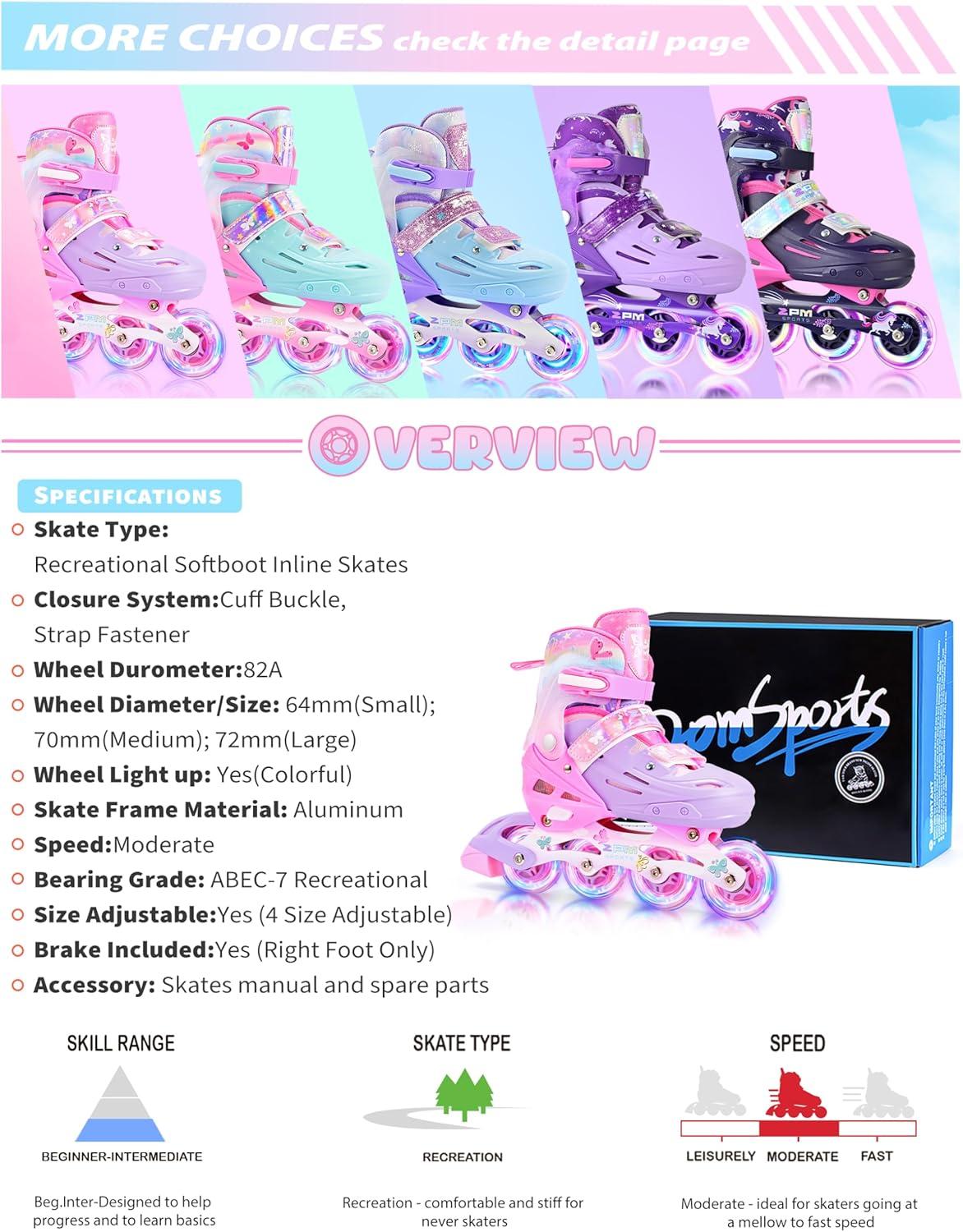 image2PM SPORTS Inline Skates for Kids Girls Ages 58 812 35 46 612 1014 with Light Up Wheels Adjustable Kids Roller Skates Blades for Toddler Beginner Youth Indoor Outdoor Size 11C 1 2 3 4 5 6 7 8Rose Red
