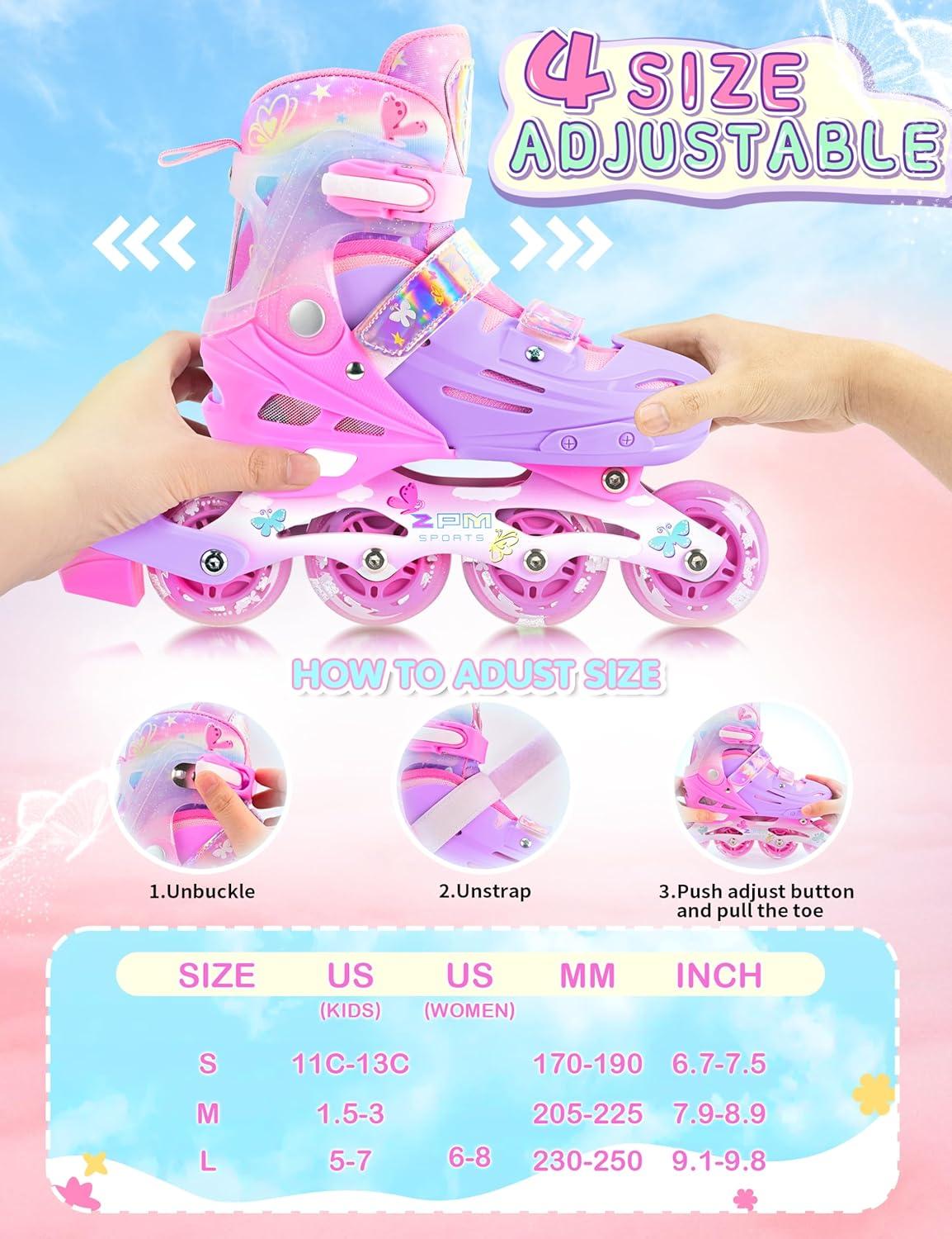 image2PM SPORTS Inline Skates for Kids Girls Ages 58 812 35 46 612 1014 with Light Up Wheels Adjustable Kids Roller Skates Blades for Toddler Beginner Youth Indoor Outdoor Size 11C 1 2 3 4 5 6 7 8Rose Red
