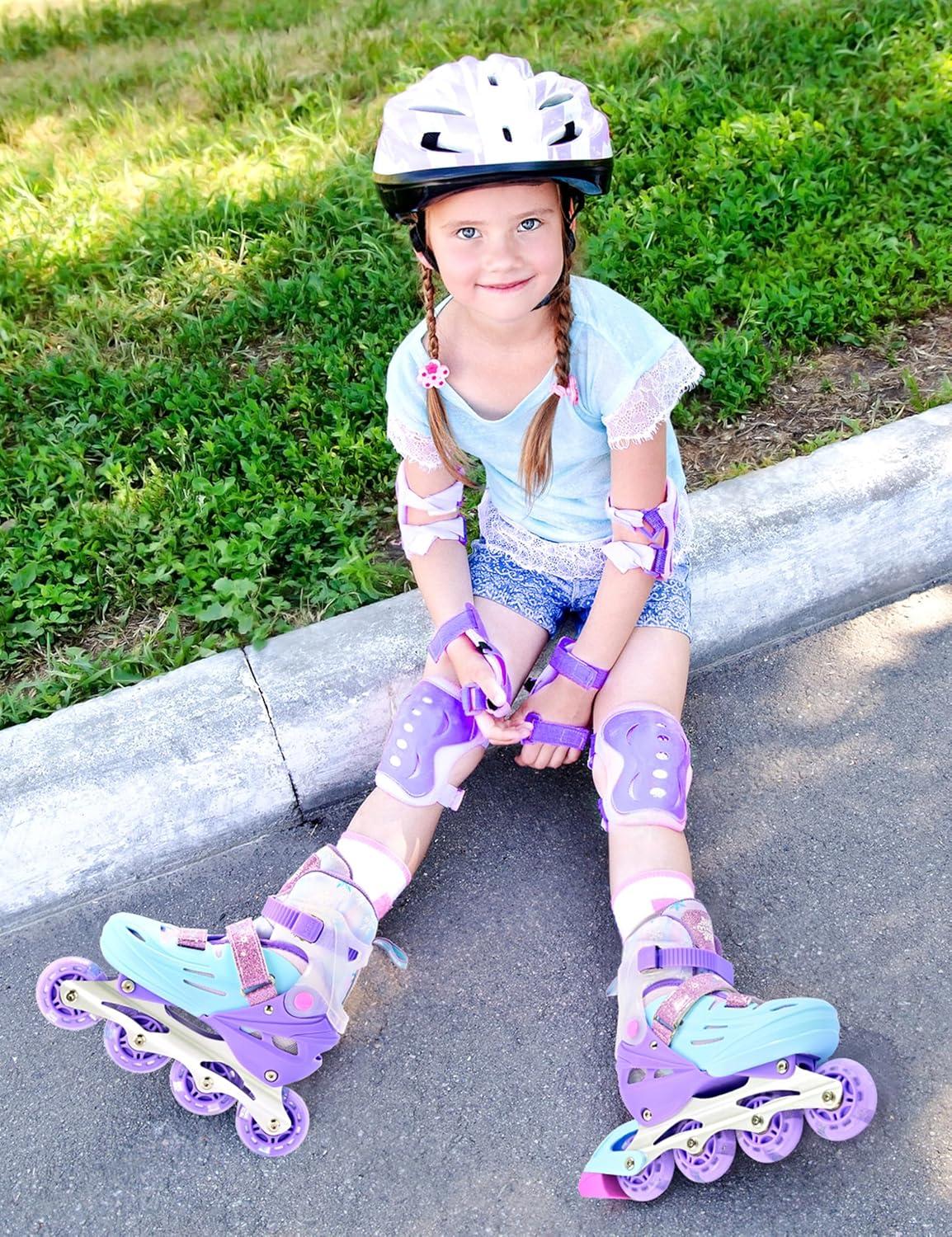 image2PM SPORTS Inline Skates for Kids Girls Ages 58 812 35 46 612 1014 with Light Up Wheels Adjustable Kids Roller Skates Blades for Toddler Beginner Youth Indoor Outdoor Size 11C 1 2 3 4 5 6 7 8Purple Blue