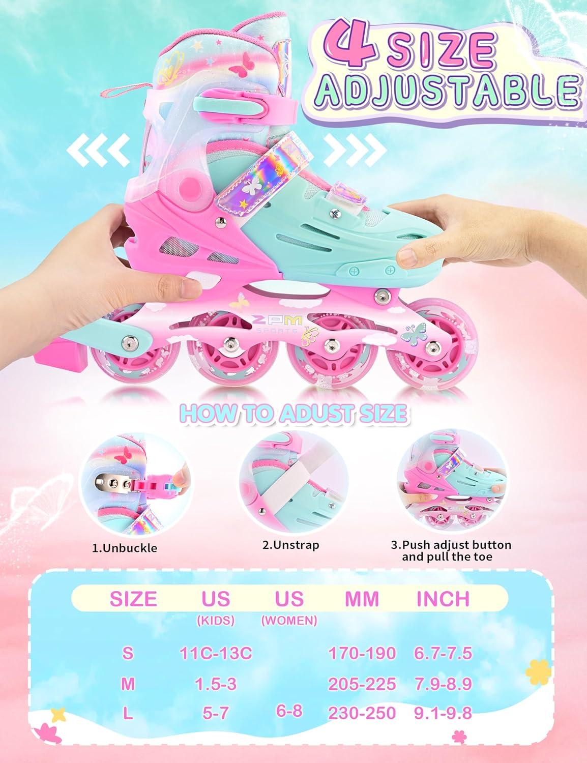image2PM SPORTS Inline Skates for Kids Girls Ages 58 812 35 46 612 1014 with Light Up Wheels Adjustable Kids Roller Skates Blades for Toddler Beginner Youth Indoor Outdoor Size 11C 1 2 3 4 5 6 7 8Pink Green