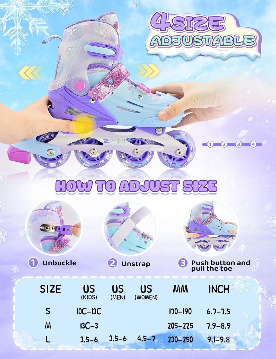 image2PM SPORTS Inline Skates for Kids Girls Ages 58 812 35 46 612 1014 with Light Up Wheels Adjustable Kids Roller Skates Blades for Toddler Beginner Youth Indoor Outdoor Size 11C 1 2 3 4 5 6 7 8Purple Blue
