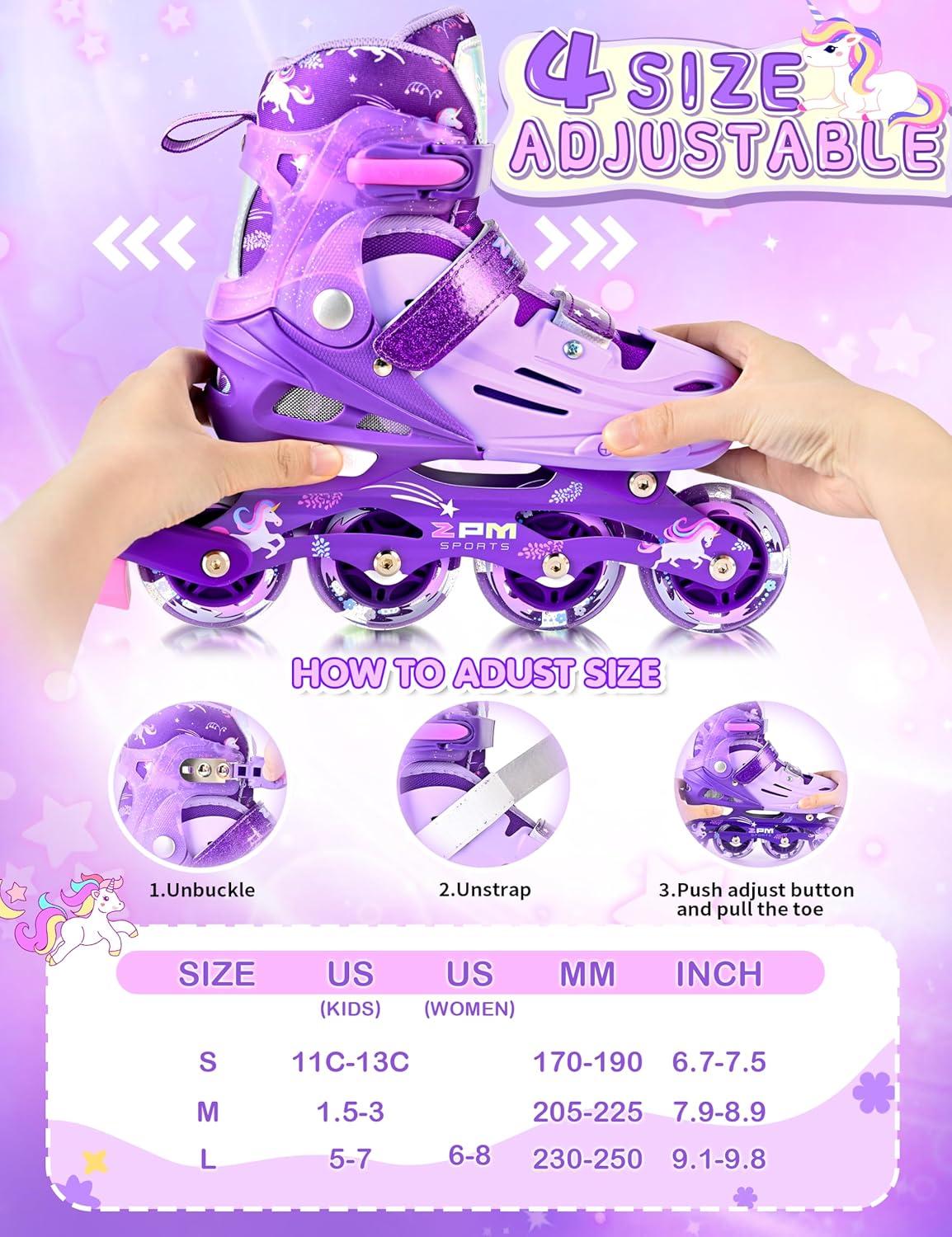 image2PM SPORTS Inline Skates for Kids Girls Ages 58 812 35 46 612 1014 with Light Up Wheels Adjustable Kids Roller Skates Blades for Toddler Beginner Youth Indoor Outdoor Size 11C 1 2 3 4 5 6 7 8Purple