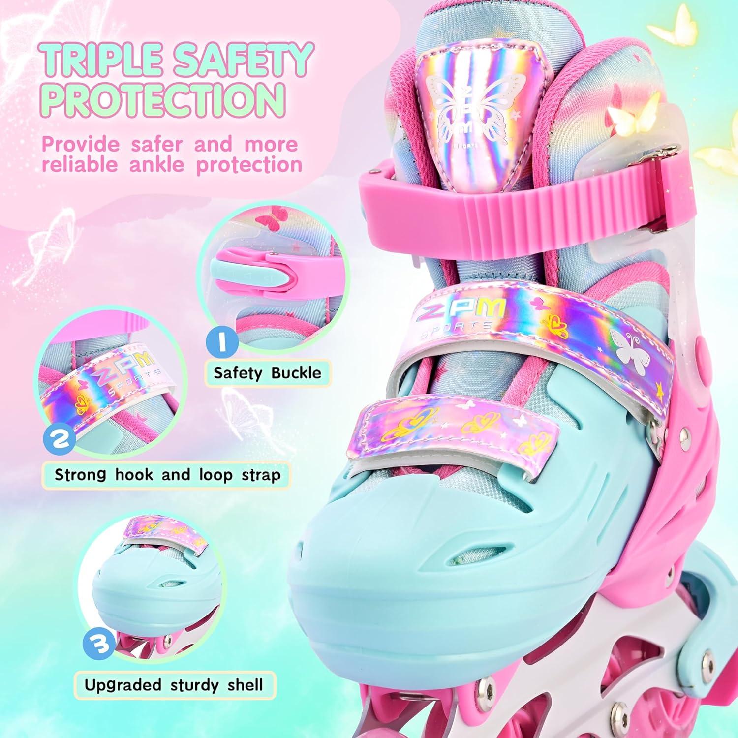 image2PM SPORTS Inline Skates for Kids Girls Ages 58 812 35 46 612 1014 with Light Up Wheels Adjustable Kids Roller Skates Blades for Toddler Beginner Youth Indoor Outdoor Size 11C 1 2 3 4 5 6 7 8Pink Green