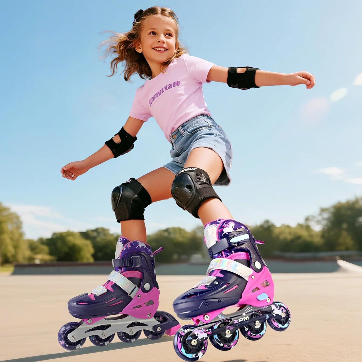 image2PM SPORTS Inline Skates for Kids Girls Ages 58 812 35 46 612 1014 with Light Up Wheels Adjustable Kids Roller Skates Blades for Toddler Beginner Youth Indoor Outdoor Size 11C 1 2 3 4 5 6 7 8Purple Pink