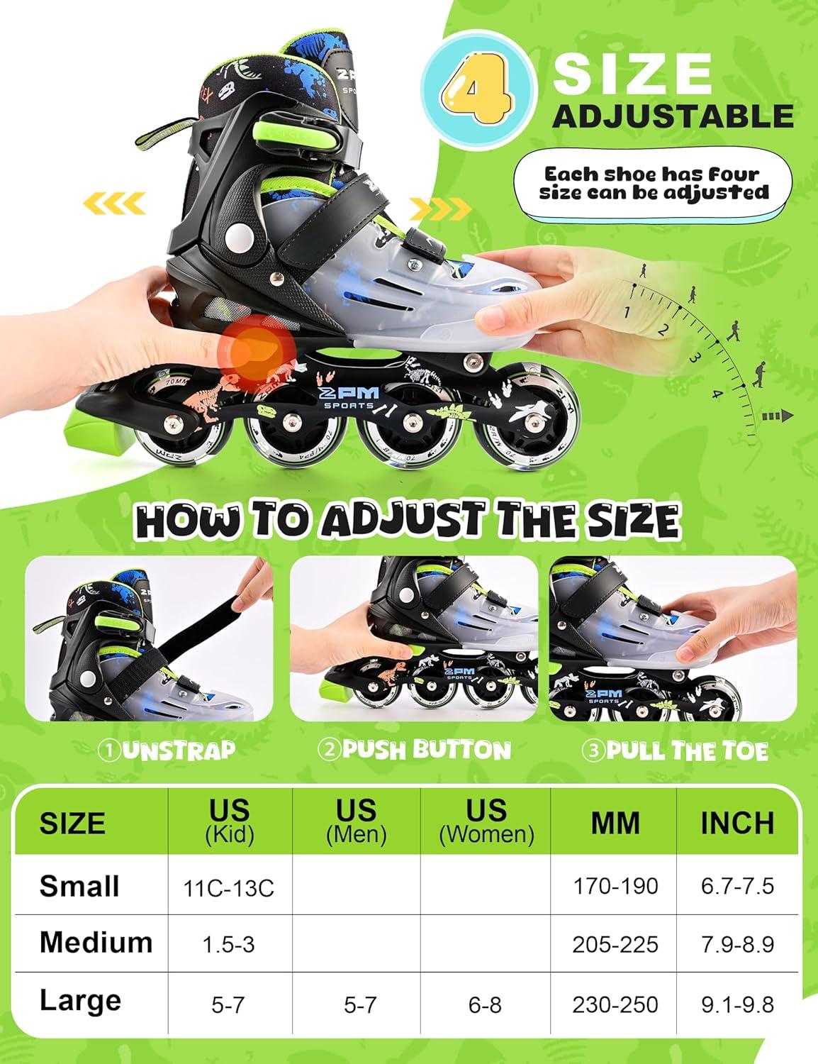 image2PM SPORTS Inline Skates for Kids Girls Ages 58 812 35 46 612 1014 with Light Up Wheels Adjustable Kids Roller Skates Blades for Toddler Beginner Youth Indoor Outdoor Size 11C 1 2 3 4 5 6 7 8Green