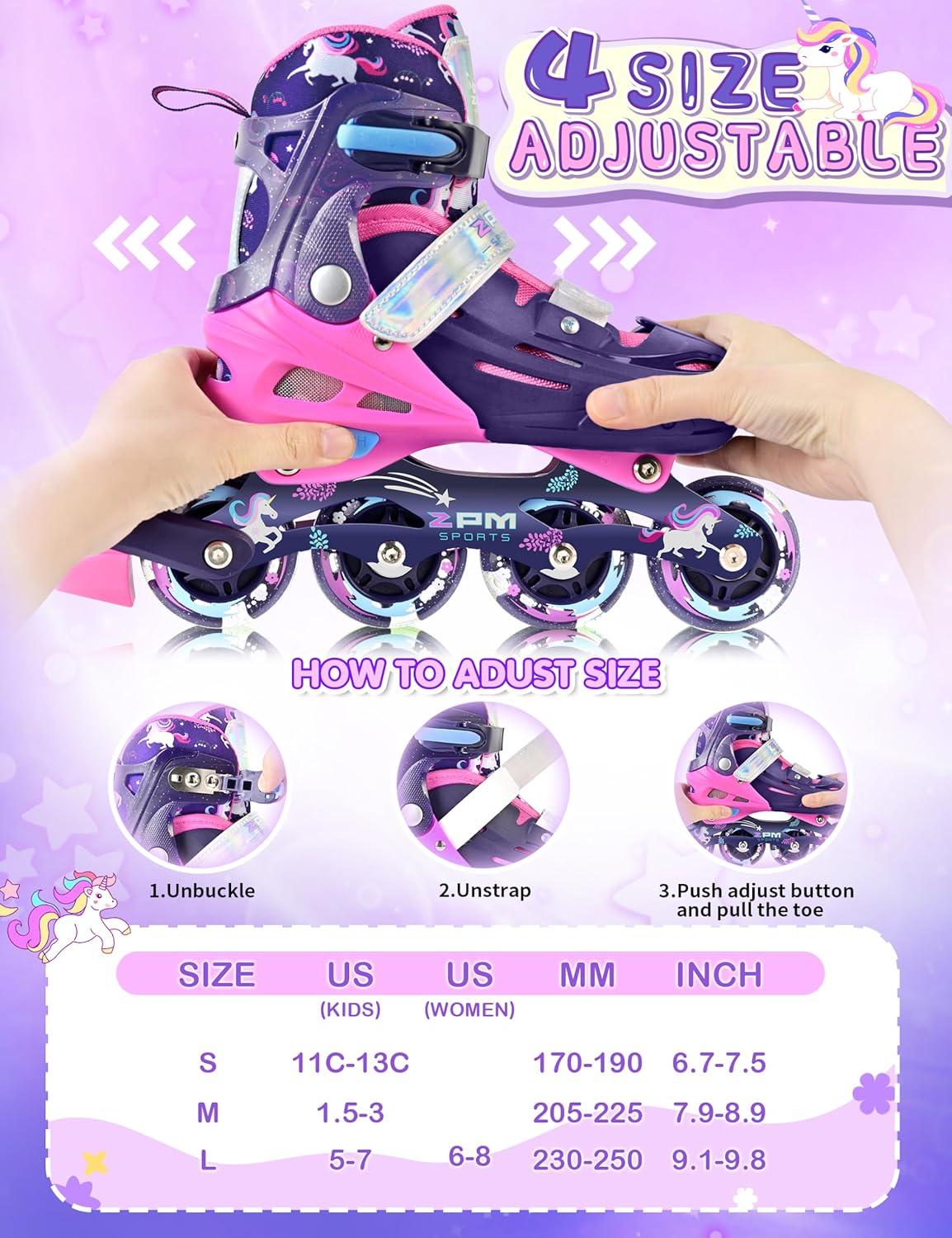 image2PM SPORTS Inline Skates for Kids Girls Ages 58 812 35 46 612 1014 with Light Up Wheels Adjustable Kids Roller Skates Blades for Toddler Beginner Youth Indoor Outdoor Size 11C 1 2 3 4 5 6 7 8Purple Pink