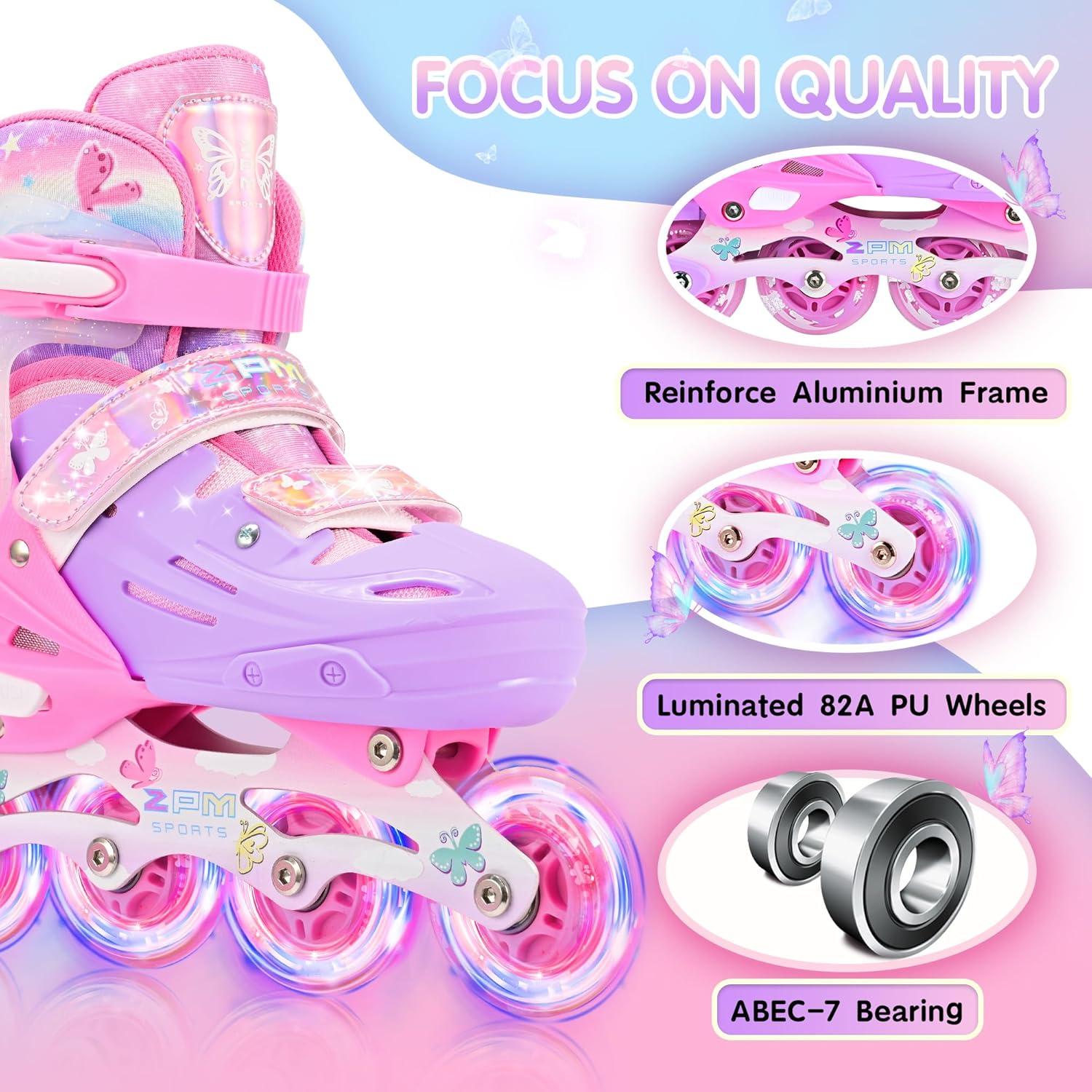 image2PM SPORTS Inline Skates for Kids Girls Ages 58 812 35 46 612 1014 with Light Up Wheels Adjustable Kids Roller Skates Blades for Toddler Beginner Youth Indoor Outdoor Size 11C 1 2 3 4 5 6 7 8Rose Red