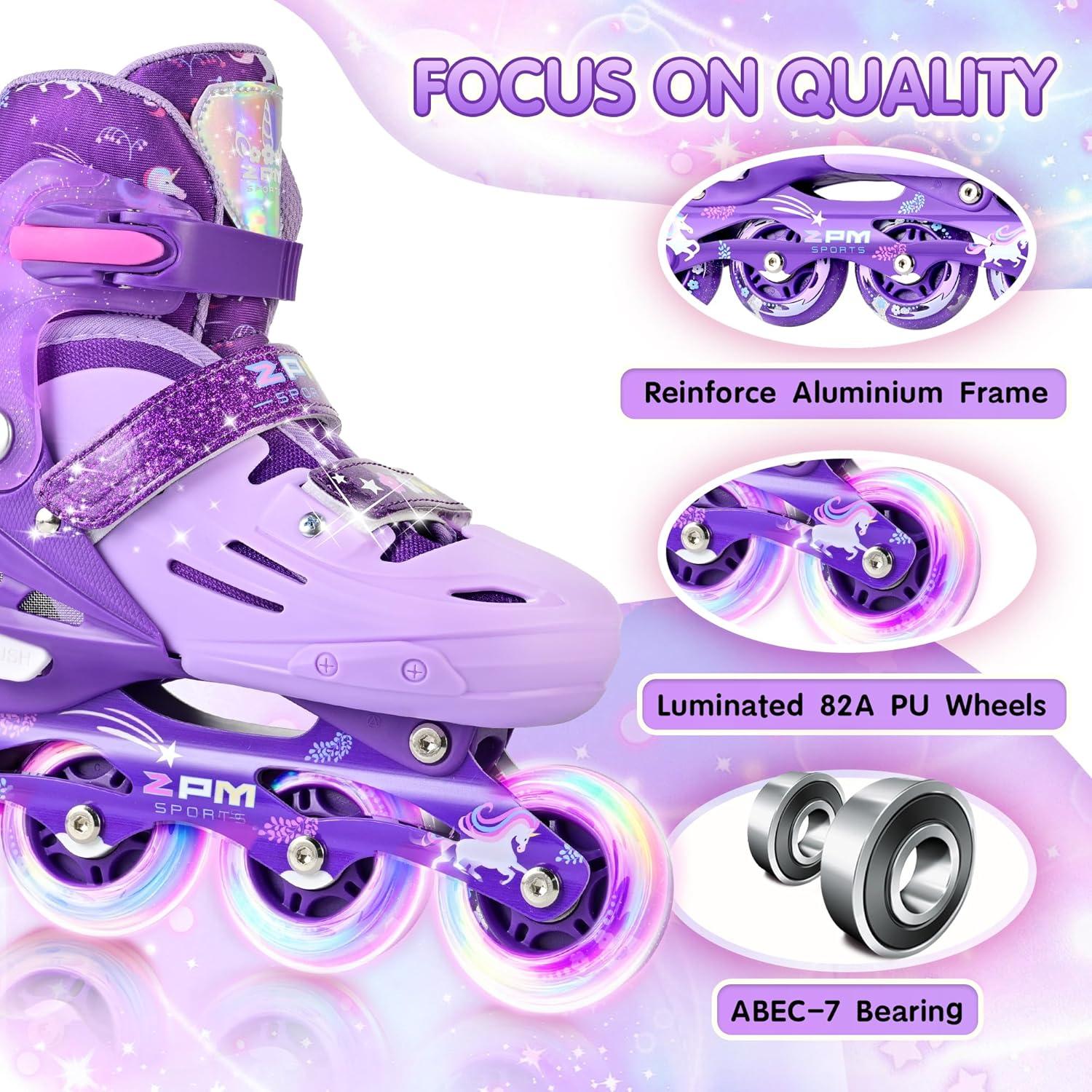 image2PM SPORTS Inline Skates for Kids Girls Ages 58 812 35 46 612 1014 with Light Up Wheels Adjustable Kids Roller Skates Blades for Toddler Beginner Youth Indoor Outdoor Size 11C 1 2 3 4 5 6 7 8Purple