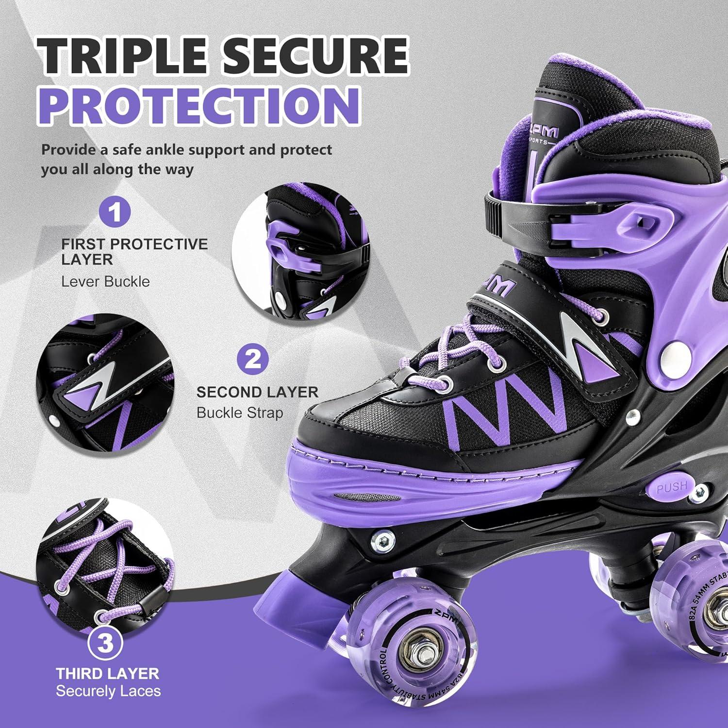 image2PM SPORTS Roller Skates for Girls Boys Kids Age 46 58 612 812 with Light Up Wheels Adjustable Youth Rollerskates Size 10C 11C 12C 13C 1 2 3 4 5 6Purple Black