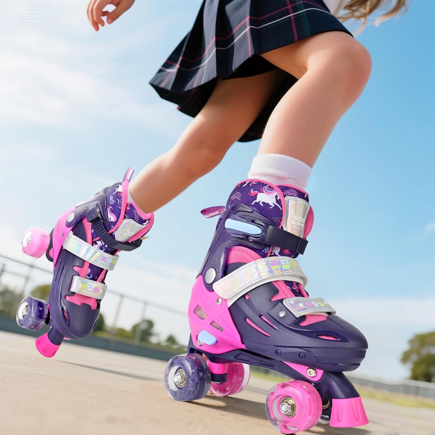 image2PM SPORTS Roller Skates for Girls Boys Kids Age 46 58 612 812 with Light Up Wheels Adjustable Youth Rollerskates Size 10C 11C 12C 13C 1 2 3 4 5 6Purple Pink