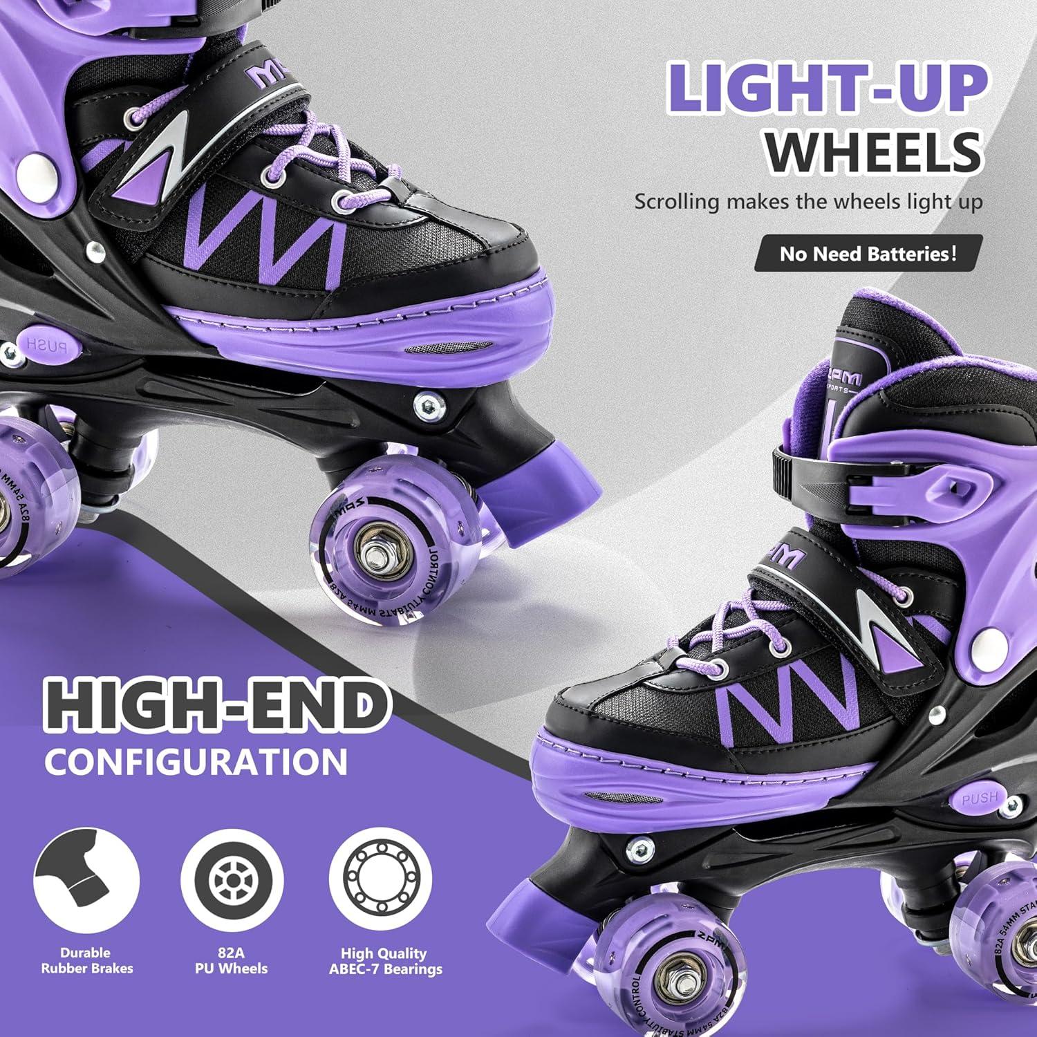 image2PM SPORTS Roller Skates for Girls Boys Kids Age 46 58 612 812 with Light Up Wheels Adjustable Youth Rollerskates Size 10C 11C 12C 13C 1 2 3 4 5 6Purple Black