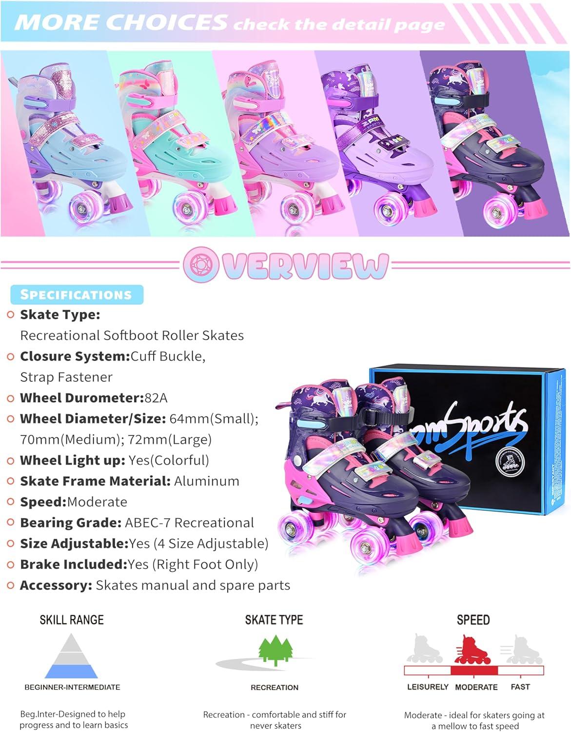 image2PM SPORTS Roller Skates for Girls Boys Kids Age 46 58 612 812 with Light Up Wheels Adjustable Youth Rollerskates Size 10C 11C 12C 13C 1 2 3 4 5 6Purple Pink