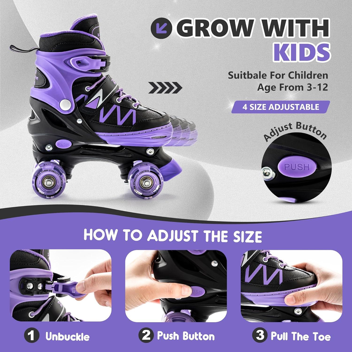 image2PM SPORTS Roller Skates for Girls Boys Kids Age 46 58 612 812 with Light Up Wheels Adjustable Youth Rollerskates Size 10C 11C 12C 13C 1 2 3 4 5 6Purple Black