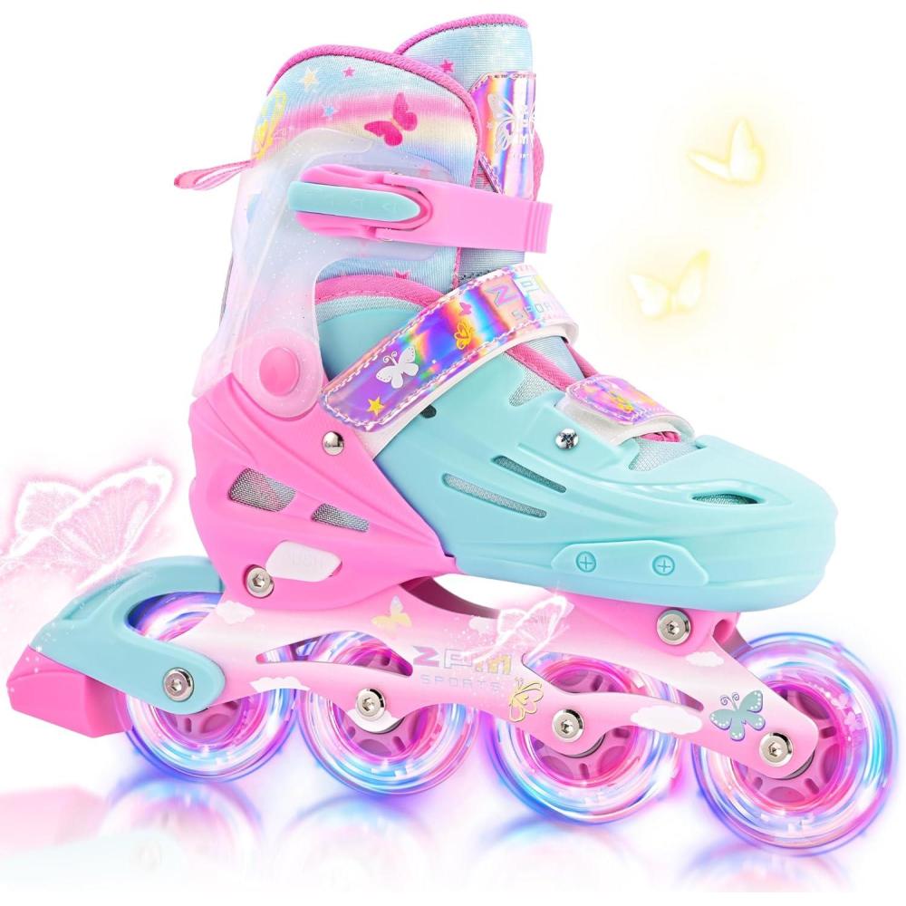 image2PM SPORTS Inline Skates for Kids Girls Ages 58 812 35 46 612 1014 with Light Up Wheels Adjustable Kids Roller Skates Blades for Toddler Beginner Youth Indoor Outdoor Size 11C 1 2 3 4 5 6 7 8Pink Green