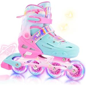 image2PM SPORTS Inline Skates for Kids Girls Ages 58 812 35 46 612 1014 with Light Up Wheels Adjustable Kids Roller Skates Blades for Toddler Beginner Youth Indoor Outdoor Size 11C 1 2 3 4 5 6 7 8Pink Green