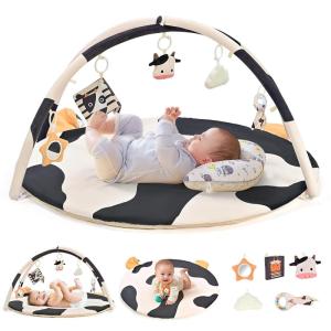 image2PM SPORTS Cow Theme Baby Play Mat Tummy Time Mat for Infant Newborn Baby Play Gyms ampamp Playmats for 03 36 612 Months Activity Mat 5 Detachable Toys Non Slip Gym Mat Easy to Install ampamp CleanCow