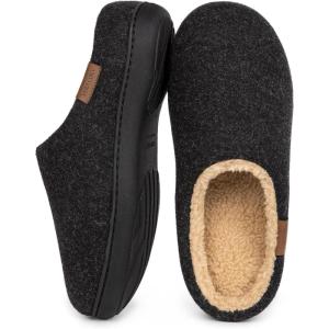 imageVeraCosy Mens Wool Felt Slippers Warm Fuzzy Faux Sherpa Slipon Memory Foam Indoor House SlippersDark Black