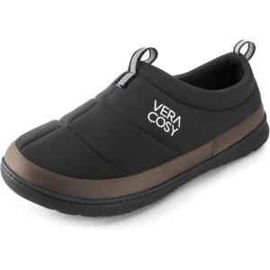 imageVeraCosy Mens Quilted Closedback Slippers Comfy Lightweight Memory Foam Camping Style Indoor House ShoesEbony Black