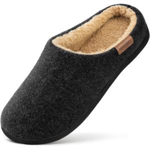 imageVeraCosy Mens Wool Felt Slippers with Comfy Fuzzy Faux Sherpa Slipon Memory Foam for Indoor HouseDark Black