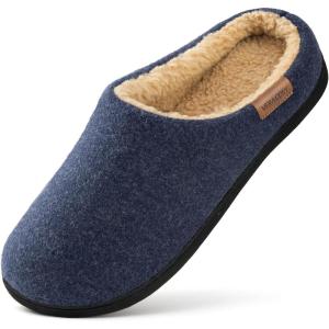 imageVeraCosy Mens Wool Felt Slippers with Comfy Fuzzy Faux Sherpa Slipon Memory Foam for Indoor HouseNavy Blue
