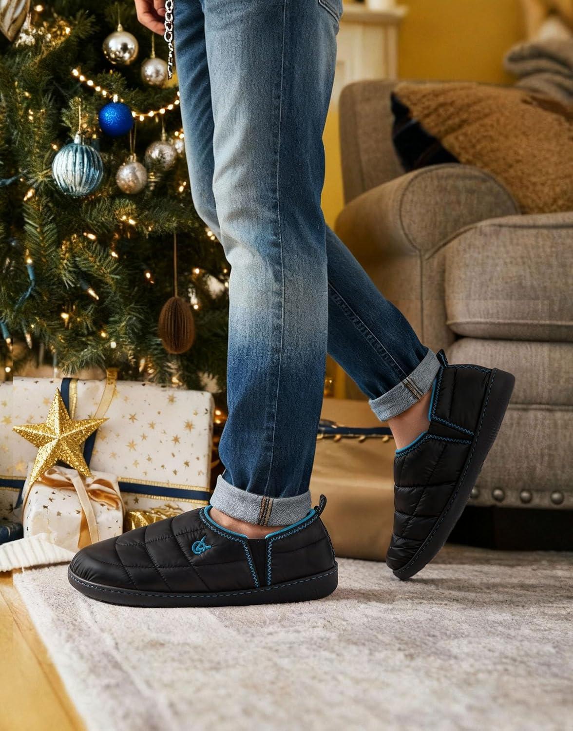 imageVeraCosy Mens Quilted Slippers with Elastic Gore and Anti Skid Outsole for OutdoorKnight Black