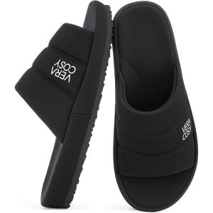 image:imageVeraCosy Mens Open Toe Slippers Breathable Corn Knit Memory Foam Non Slip Sole for HouseDark Black