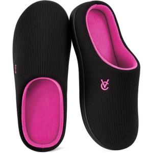 image:imageVeraCosy Womens TwoTone Slippers Soft Comfy Knit Memory Foam Nonslip Indoor Outdoor House ShoesFuchsia Black
