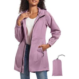 imageSaphiRose Womens Long Packable Raincoat Waterproof Rain Jacket Lightweight Outdoor Windbreaker with HoodLight Purple