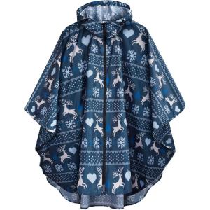 imageSaphiRose Unisex Rain Poncho Raincoat Hooded for Adults Women with PocketsBlue Reindeer