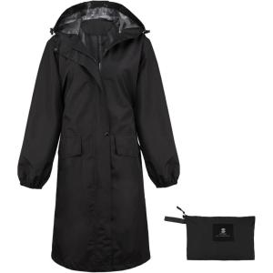 imageSaphiRose Womens Long Rain Jacket Waterproof Lightweight Hooded RaincoatBlack