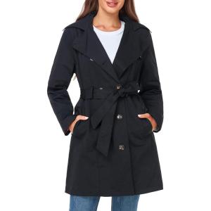 imageSaphiRose Womens WaterResistant Trench Coat DoubleBreasted Long Peacoat with Removable HoodBlack