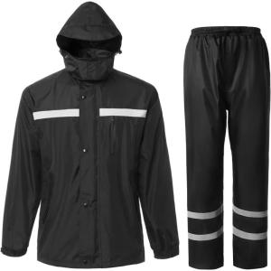 imageMens Rain Suit High Visibility Reflective Work Rain Jacket Pants for All Sport Farm Fishing MotorcycleHivis Black