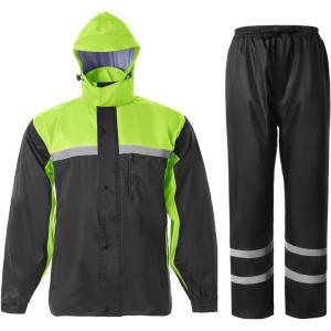 imageMens Rain Suit High Visibility Reflective Work Rain Jacket Pants for All Sport Farm Fishing MotorcycleHivis BlackGreen