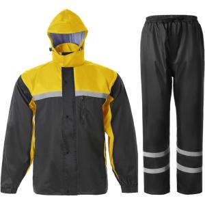 imageMens Rain Suit High Visibility Reflective Work Rain Jacket Pants for All Sport Farm Fishing MotorcycleHivis BlackYellow