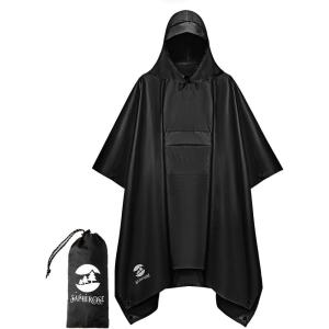 imageSaphiRose Extra Thick Hooded Rain Poncho Double Layer Waterproof Raincoat Jacket for Men Women AdultsBlack