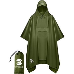 imageSaphiRose Extra Thick Hooded Rain Poncho Double Layer Waterproof Raincoat Jacket for Men Women AdultsGreen