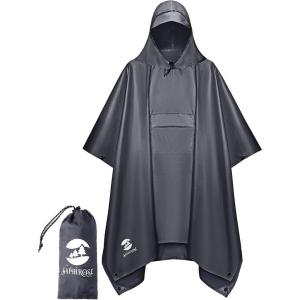 imageSaphiRose Extra Thick Hooded Rain Poncho Double Layer Waterproof Raincoat Jacket for Men Women AdultsGrey