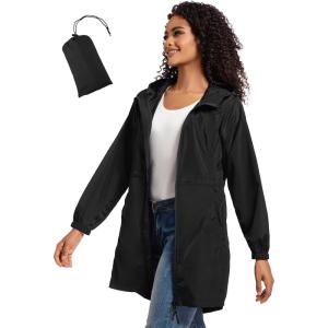 imageSaphiRose Womens Long Packable Raincoat Waterproof Rain Jacket Lightweight Outdoor Windbreaker with HoodBlack