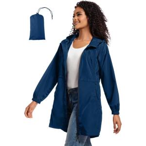 imageSaphiRose Womens Long Packable Raincoat Waterproof Rain Jacket Lightweight Outdoor Windbreaker with HoodDeep Blue