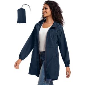 imageSaphiRose Womens Long Packable Raincoat Waterproof Rain Jacket Lightweight Outdoor Windbreaker with HoodNavy