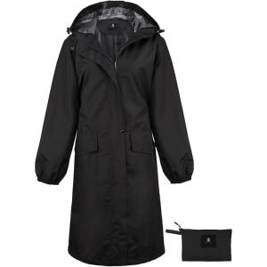 imageSaphiRose Womens Long Rain Jacket Waterproof Lightweight Hooded Raincoat Packable Knee Length Rain coatBlack